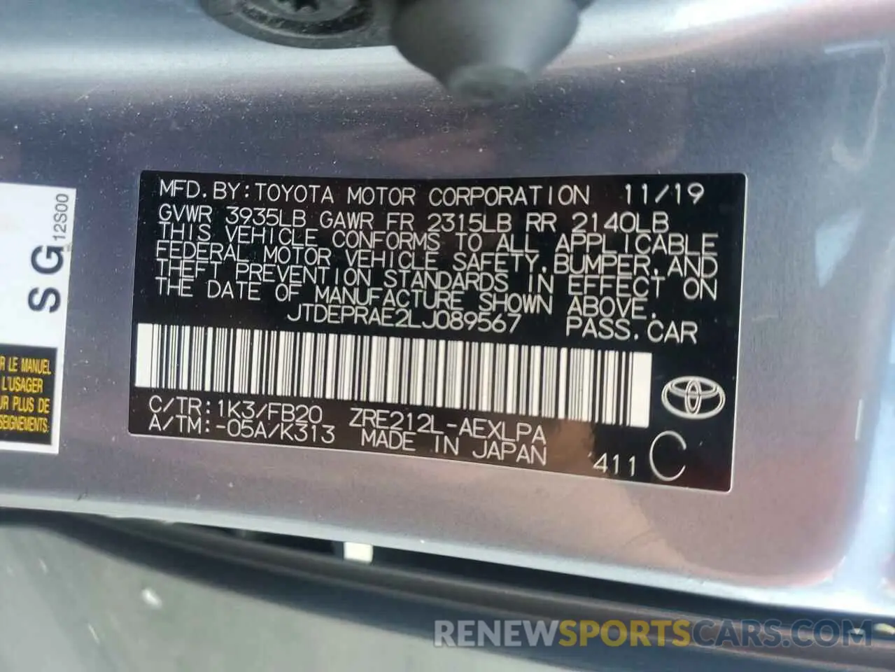 12 fotografías del automóvil dañado JTDEPRAE2LJ089567 TOYOTA COROLLA 2020