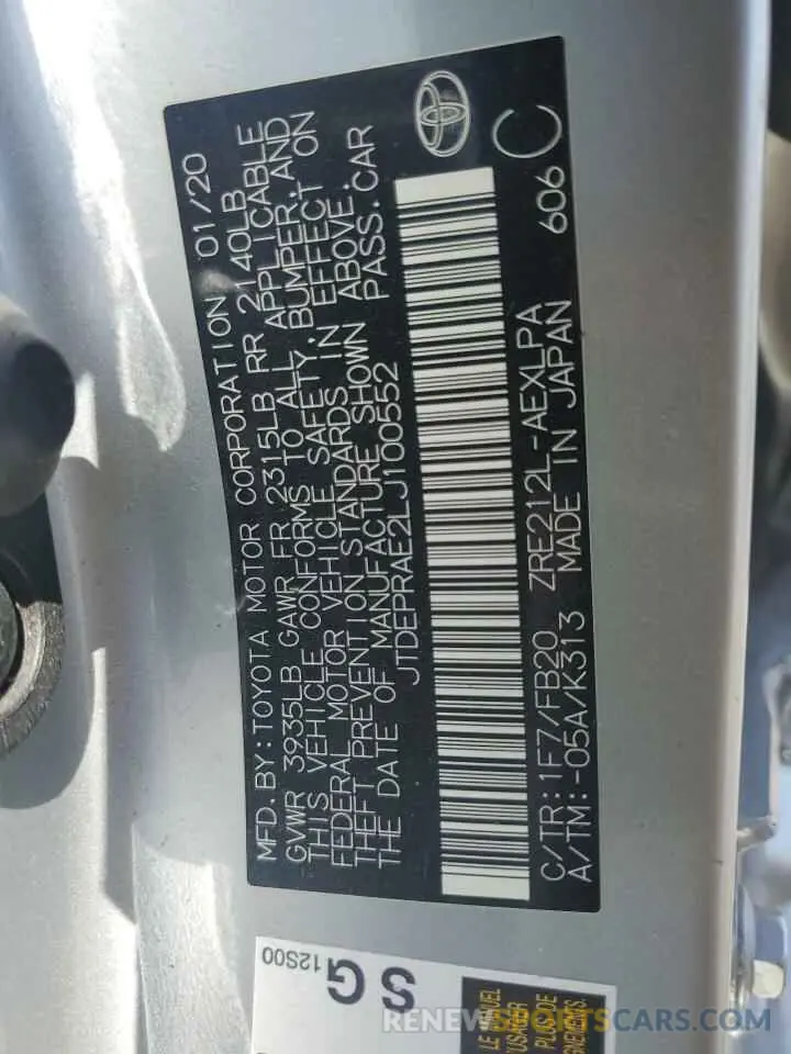 12 fotografías del automóvil dañado JTDEPRAE2LJ100552 TOYOTA COROLLA 2020