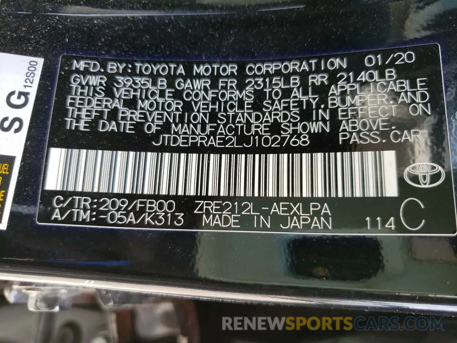 10 fotografías del automóvil dañado JTDEPRAE2LJ102768 TOYOTA COROLLA 2020