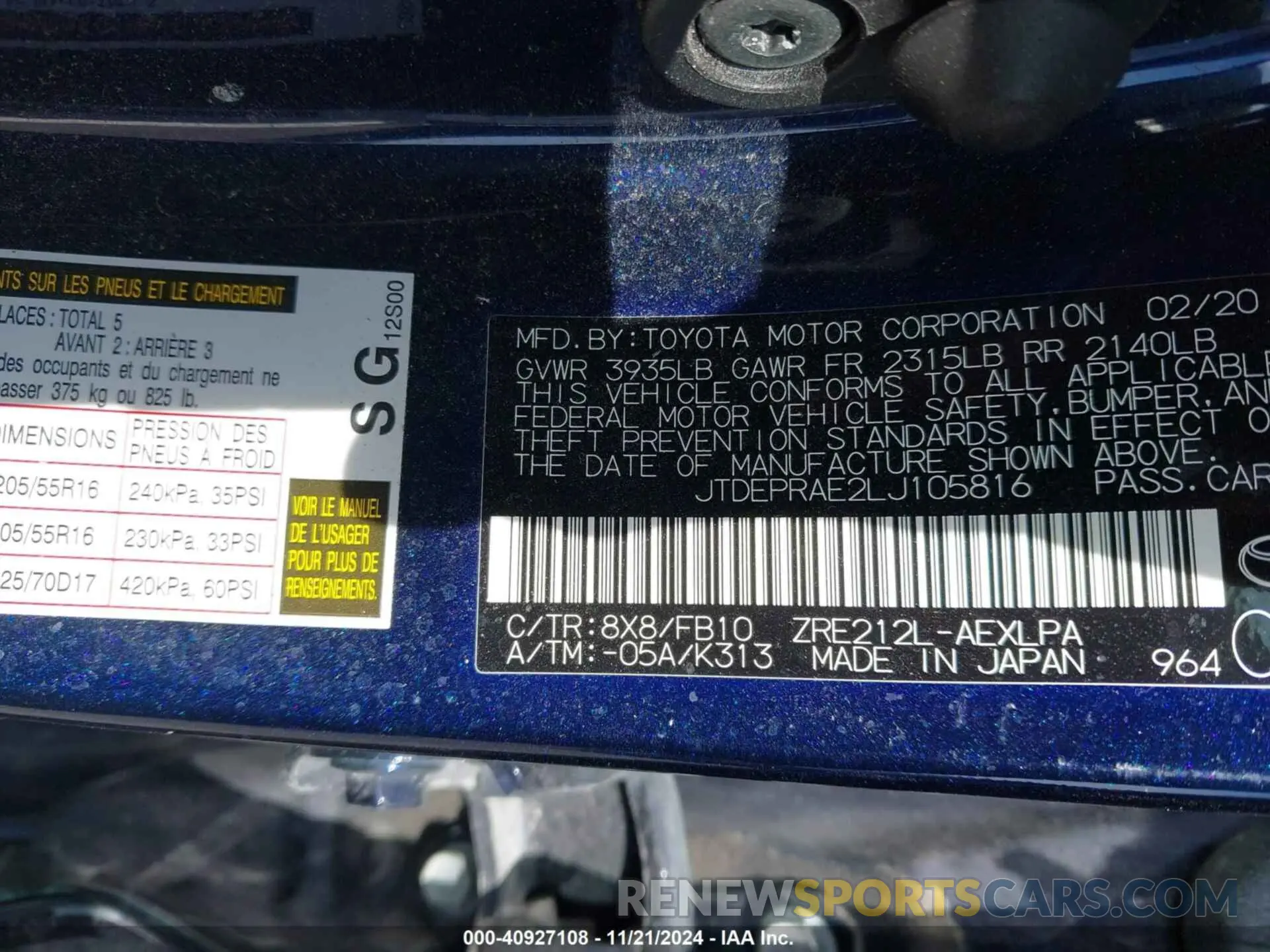 9 fotografías del automóvil dañado JTDEPRAE2LJ105816 TOYOTA COROLLA 2020