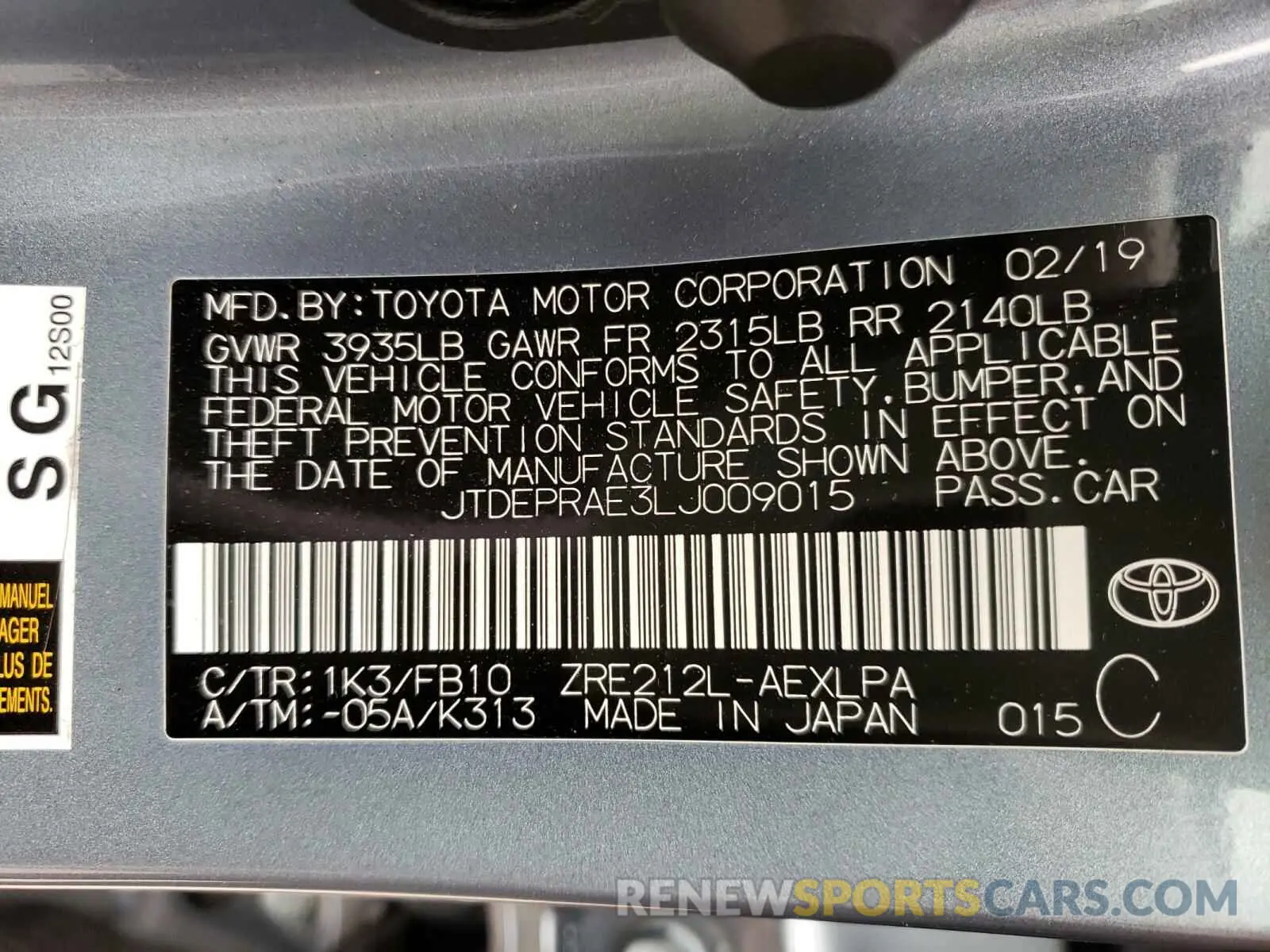 10 fotografías del automóvil dañado JTDEPRAE3LJ009015 TOYOTA COROLLA 2020