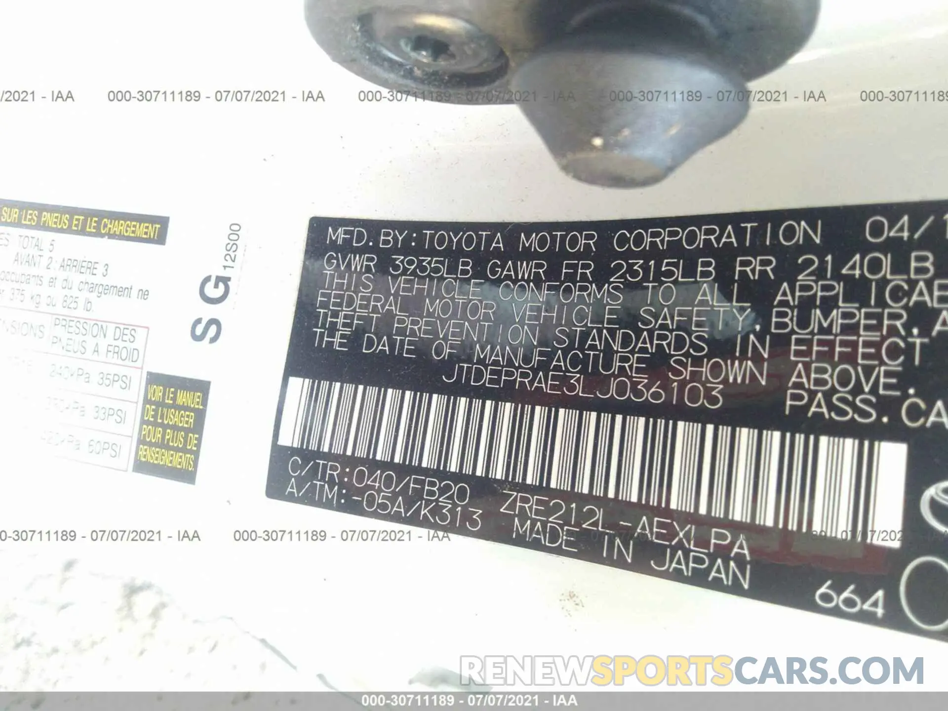 9 fotografías del automóvil dañado JTDEPRAE3LJ036103 TOYOTA COROLLA 2020