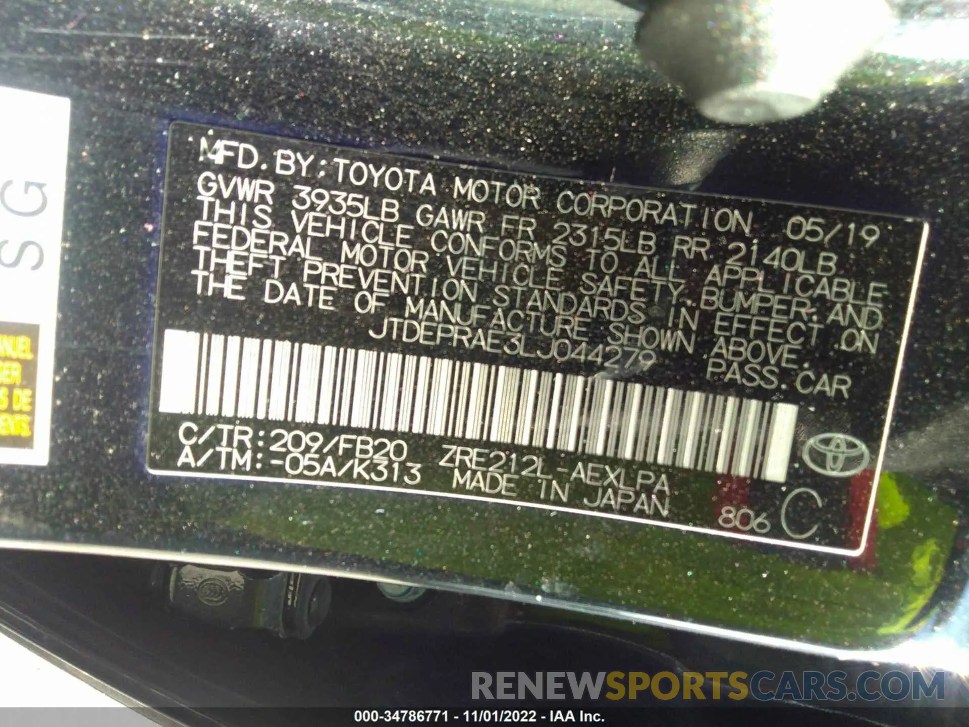 9 fotografías del automóvil dañado JTDEPRAE3LJ044279 TOYOTA COROLLA 2020