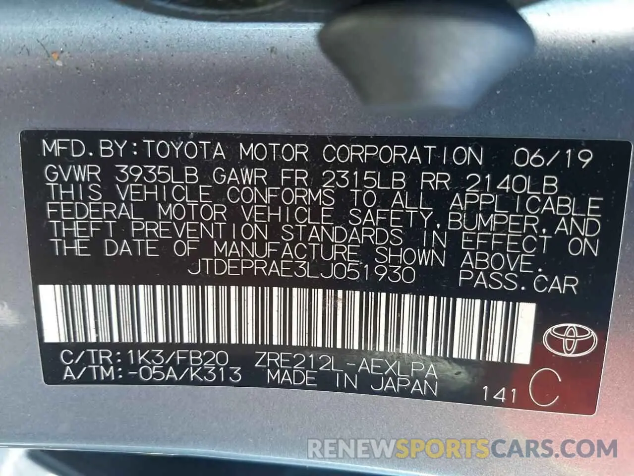 10 fotografías del automóvil dañado JTDEPRAE3LJ051930 TOYOTA COROLLA 2020