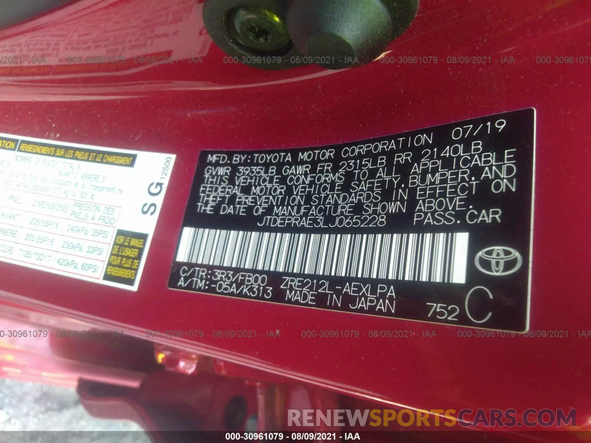 9 fotografías del automóvil dañado JTDEPRAE3LJ065228 TOYOTA COROLLA 2020