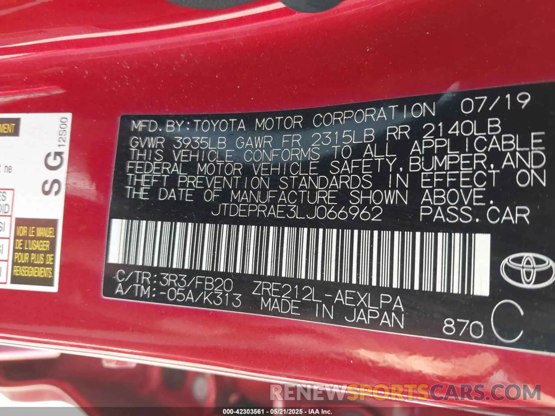 9 fotografías del automóvil dañado JTDEPRAE3LJ066962 TOYOTA COROLLA 2020