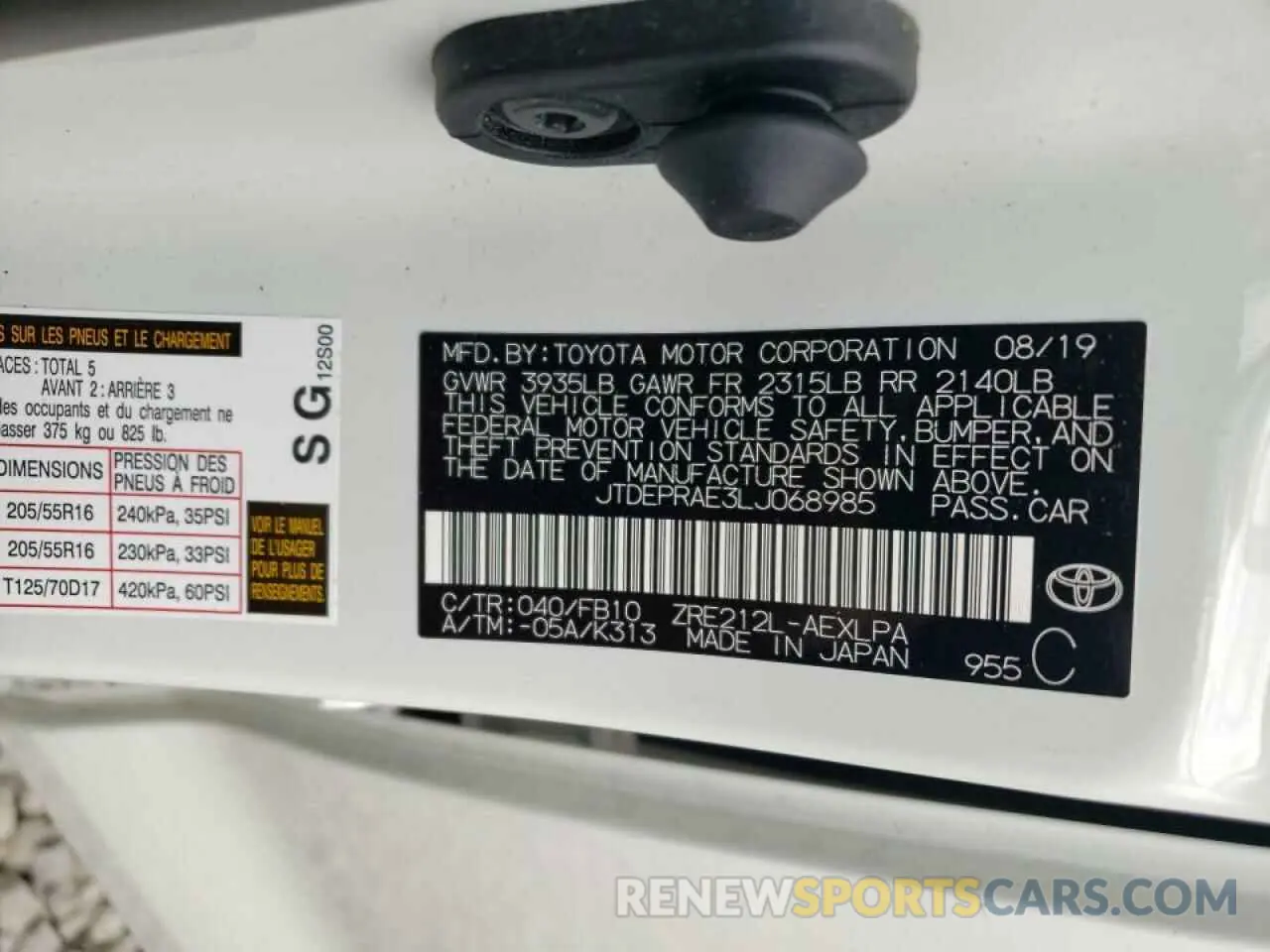10 fotografías del automóvil dañado JTDEPRAE3LJ068985 TOYOTA COROLLA 2020