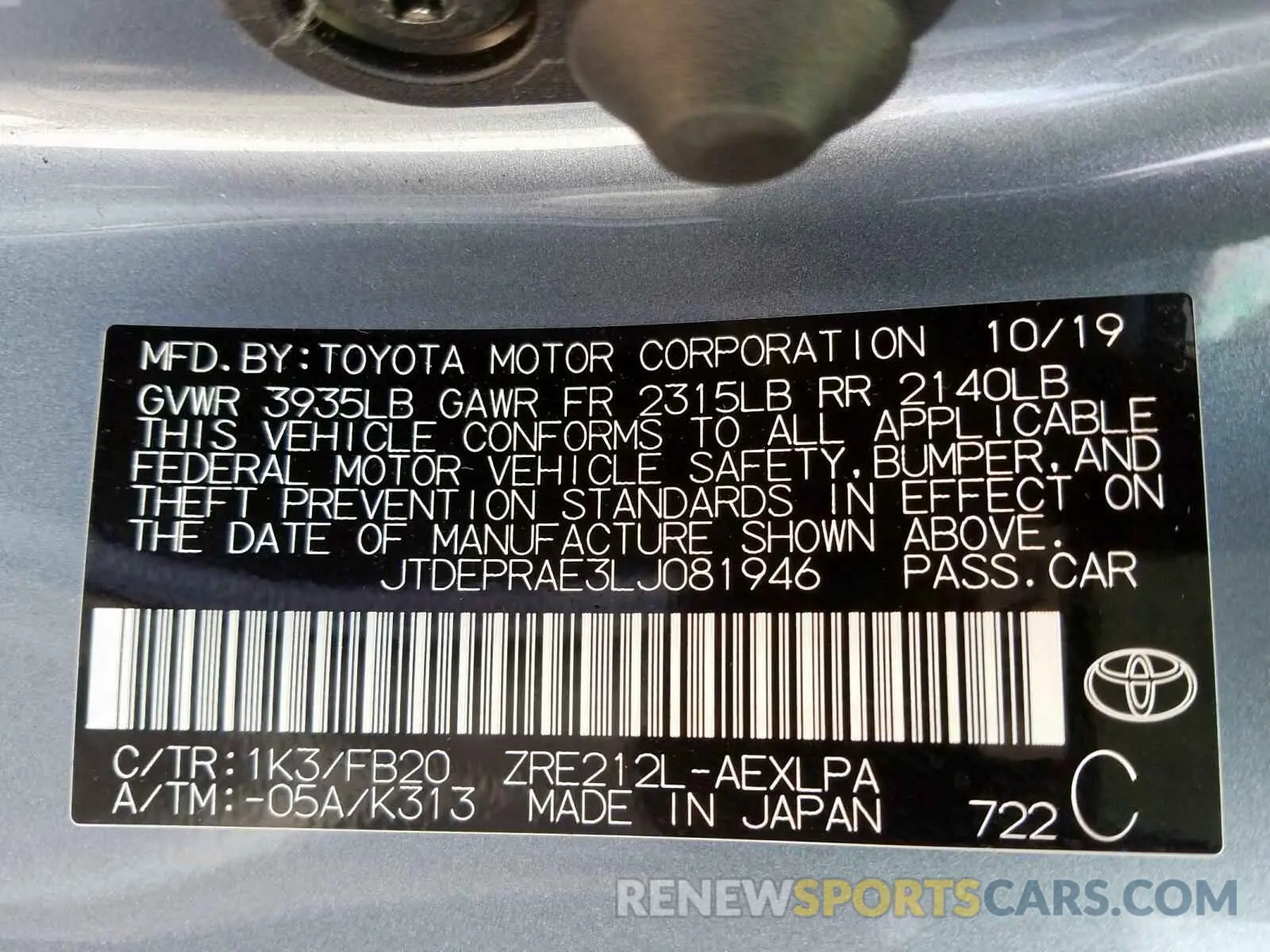 10 fotografías del automóvil dañado JTDEPRAE3LJ081946 TOYOTA COROLLA 2020