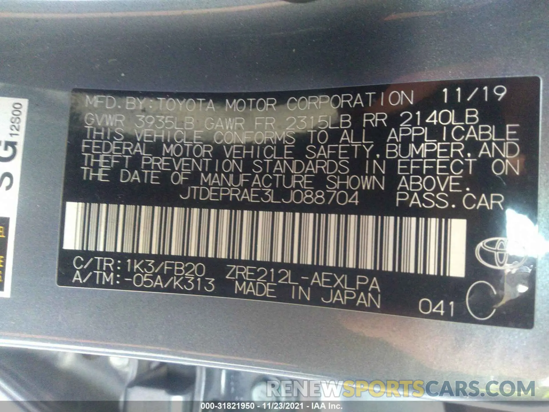 9 fotografías del automóvil dañado JTDEPRAE3LJ088704 TOYOTA COROLLA 2020