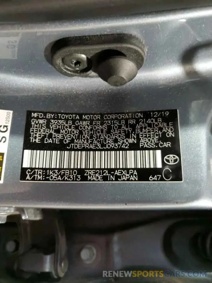 13 fotografías del automóvil dañado JTDEPRAE3LJ093742 TOYOTA COROLLA 2020