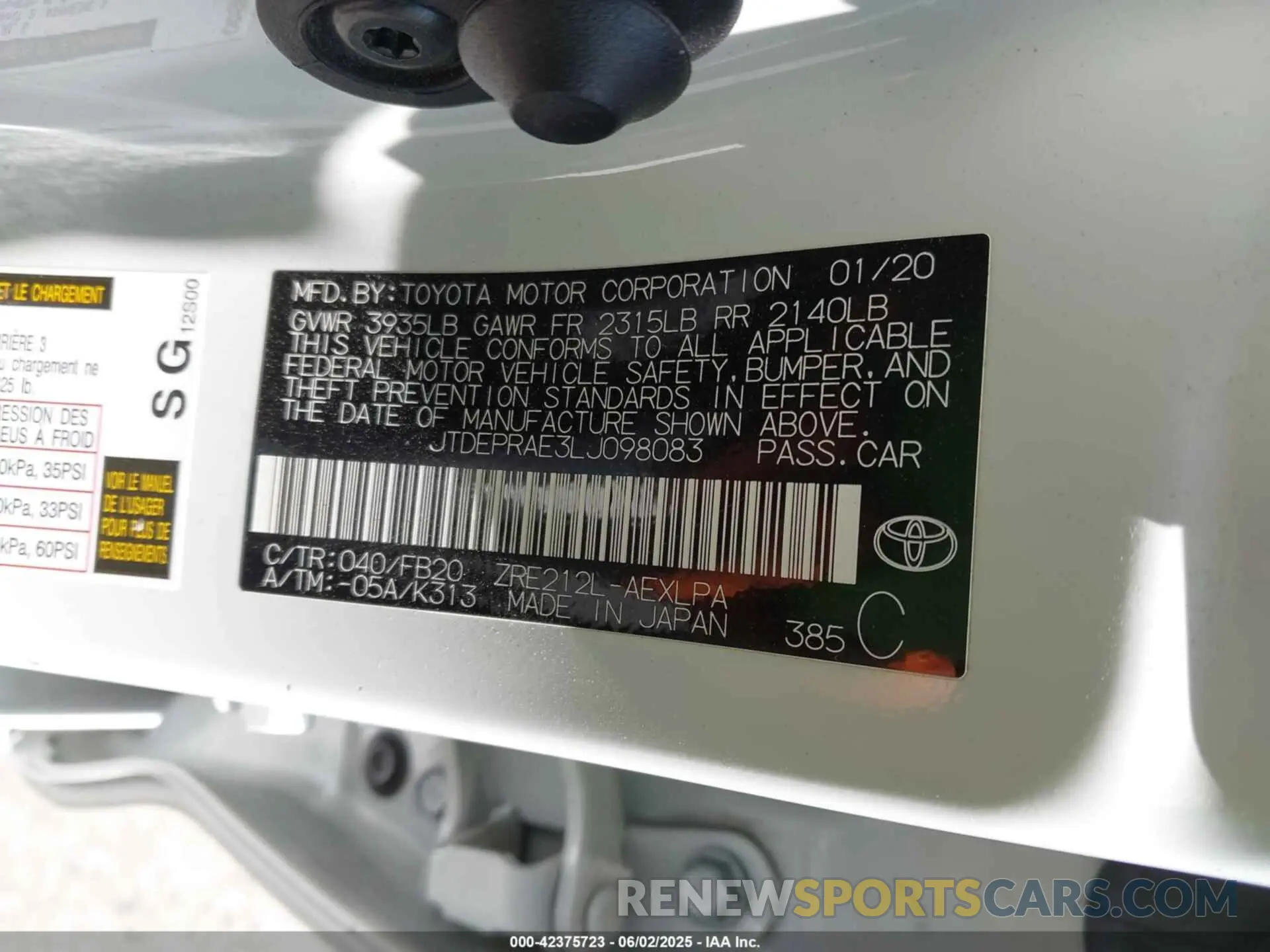 9 fotografías del automóvil dañado JTDEPRAE3LJ098083 TOYOTA COROLLA 2020