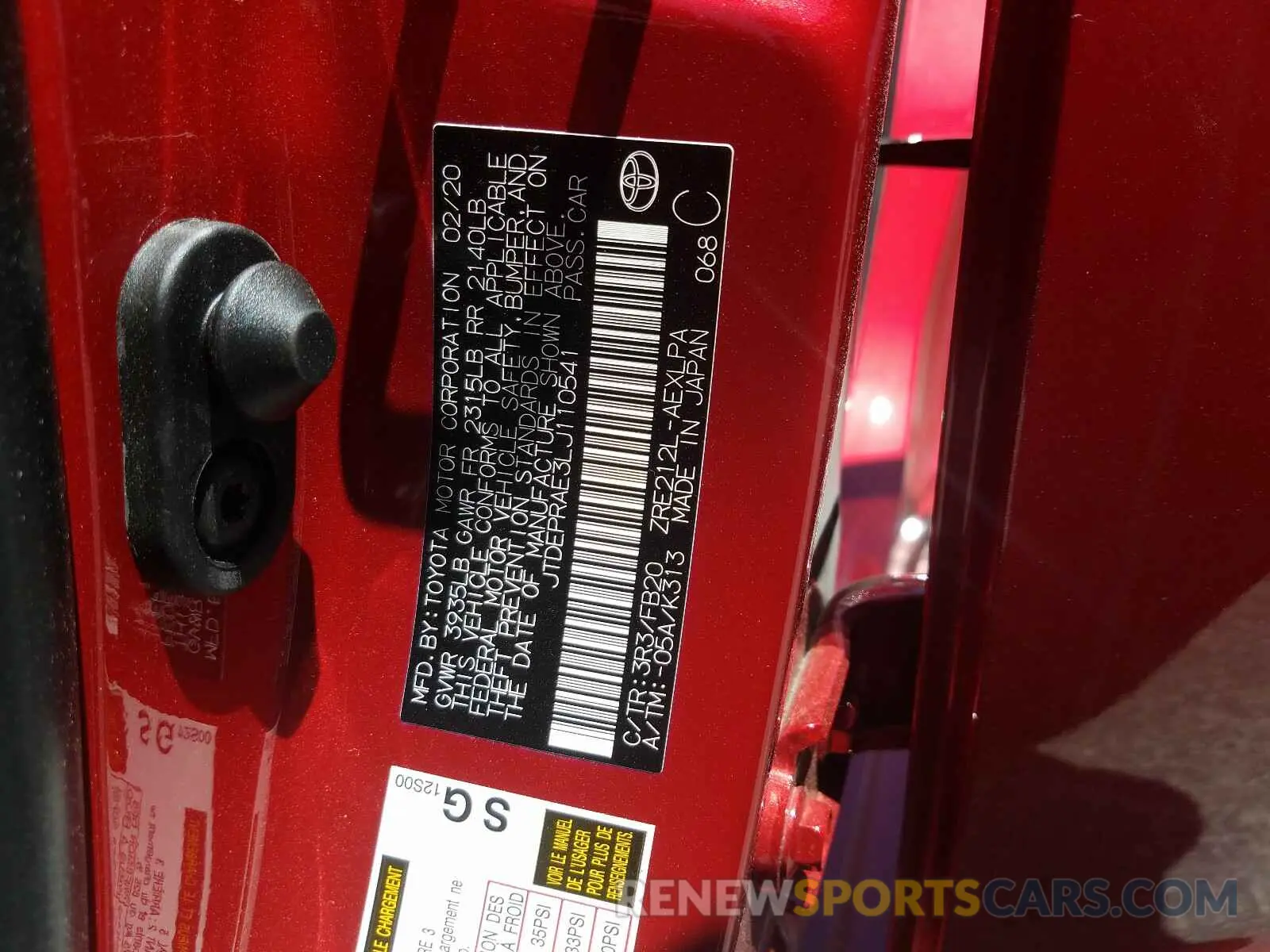 10 fotografías del automóvil dañado JTDEPRAE3LJ110541 TOYOTA COROLLA 2020