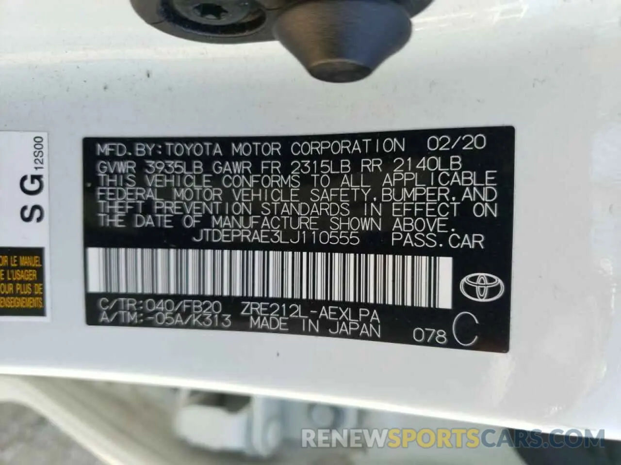 10 fotografías del automóvil dañado JTDEPRAE3LJ110555 TOYOTA COROLLA 2020