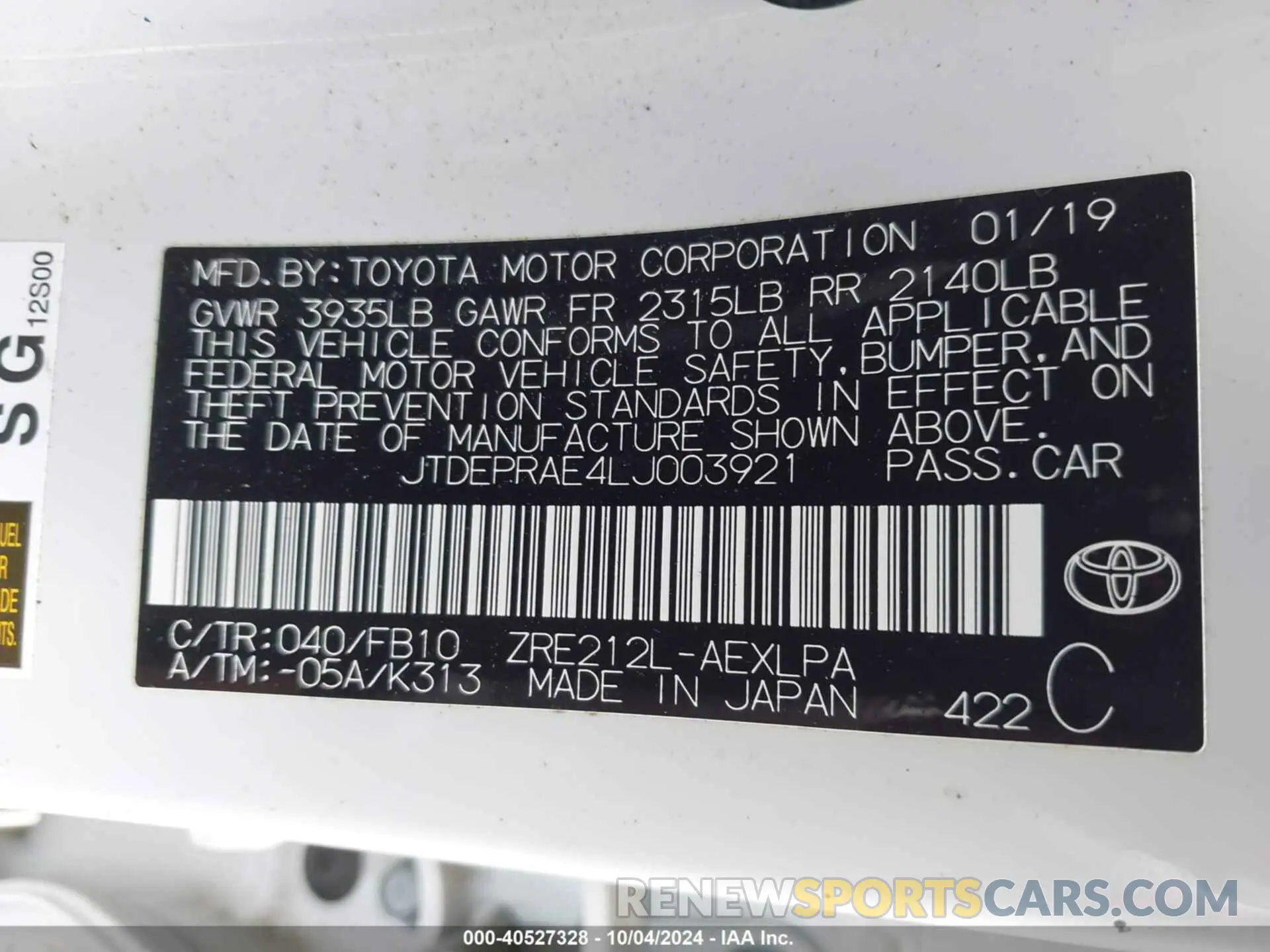 9 fotografías del automóvil dañado JTDEPRAE4LJ003921 TOYOTA COROLLA 2020
