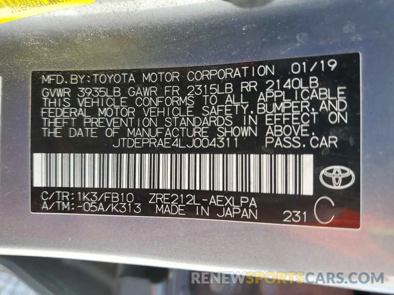 12 fotografías del automóvil dañado JTDEPRAE4LJ004311 TOYOTA COROLLA 2020