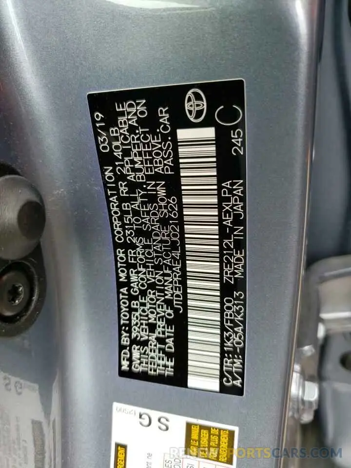 10 fotografías del automóvil dañado JTDEPRAE4LJ021626 TOYOTA COROLLA 2020