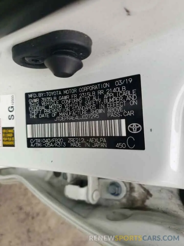 10 fotografías del automóvil dañado JTDEPRAE4LJ027295 TOYOTA COROLLA 2020