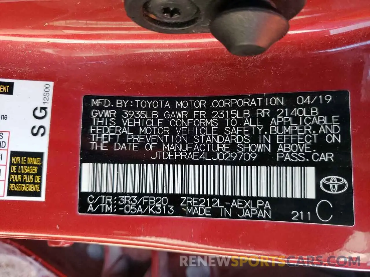 10 fotografías del automóvil dañado JTDEPRAE4LJ029709 TOYOTA COROLLA 2020