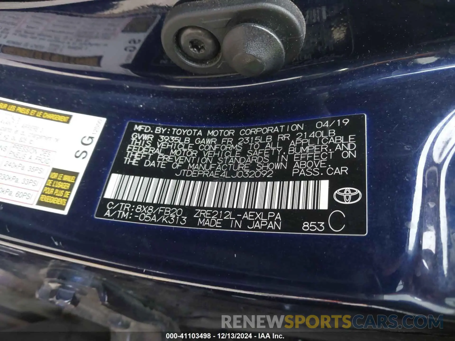 9 fotografías del automóvil dañado JTDEPRAE4LJ032092 TOYOTA COROLLA 2020