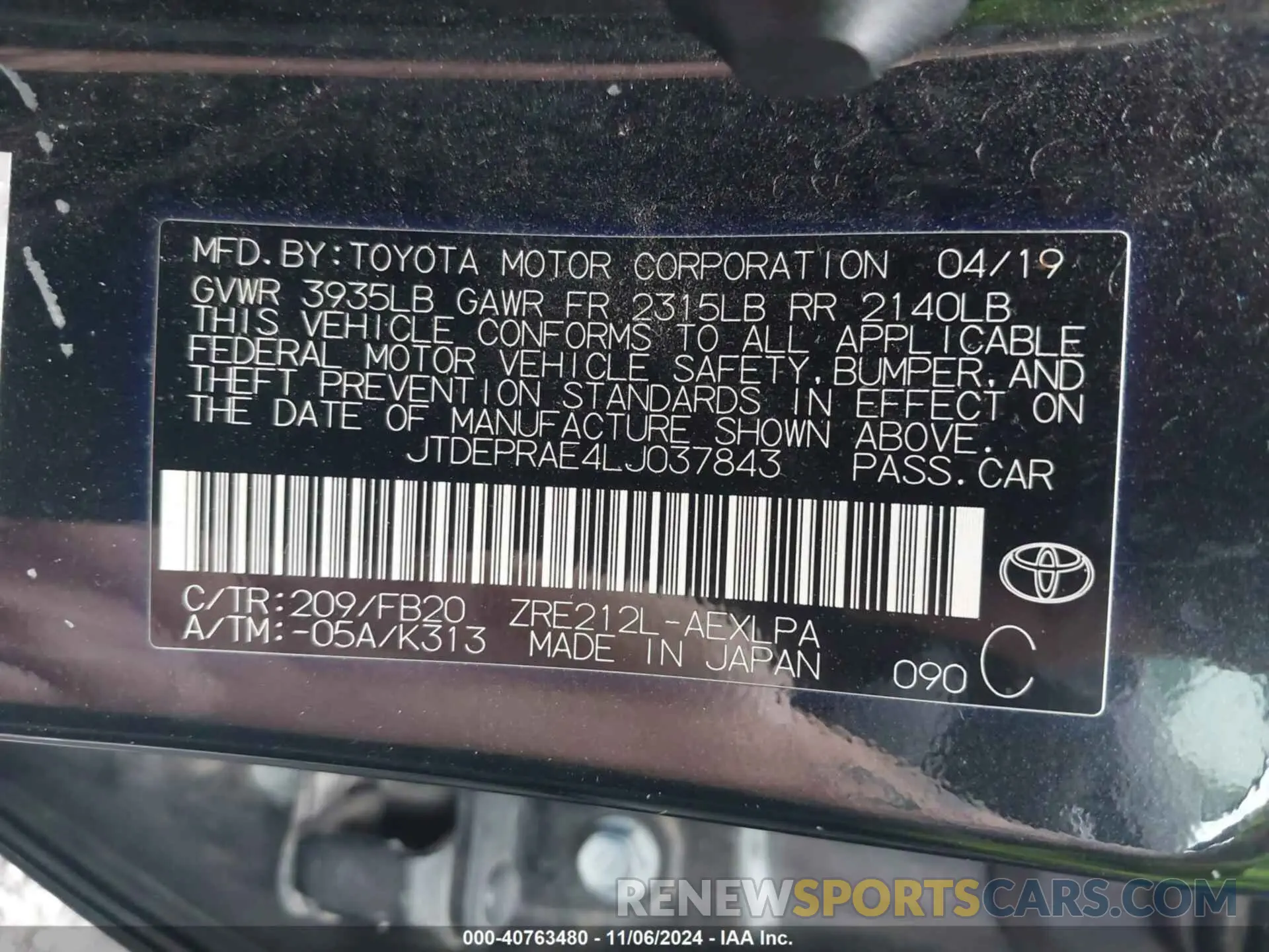 9 fotografías del automóvil dañado JTDEPRAE4LJ037843 TOYOTA COROLLA 2020