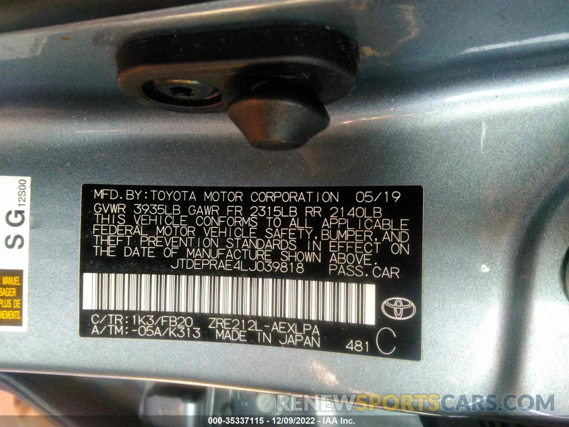9 fotografías del automóvil dañado JTDEPRAE4LJ039818 TOYOTA COROLLA 2020