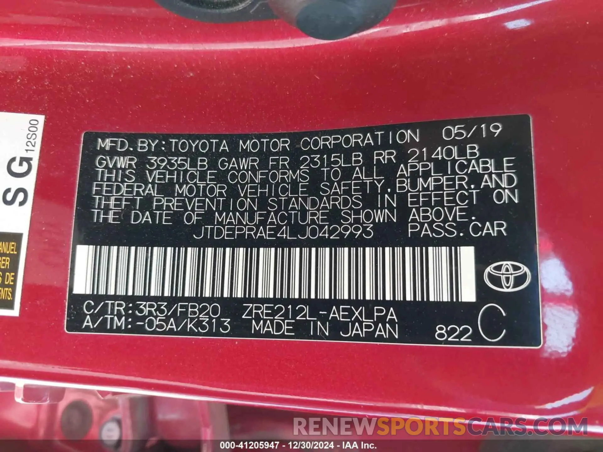 9 fotografías del automóvil dañado JTDEPRAE4LJ042993 TOYOTA COROLLA 2020