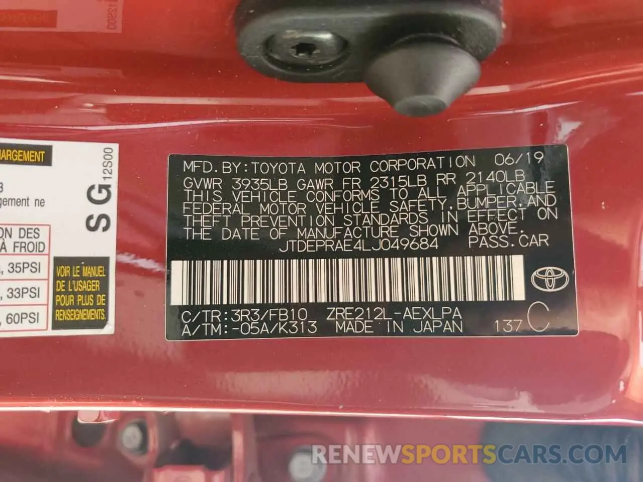 13 fotografías del automóvil dañado JTDEPRAE4LJ049684 TOYOTA COROLLA 2020