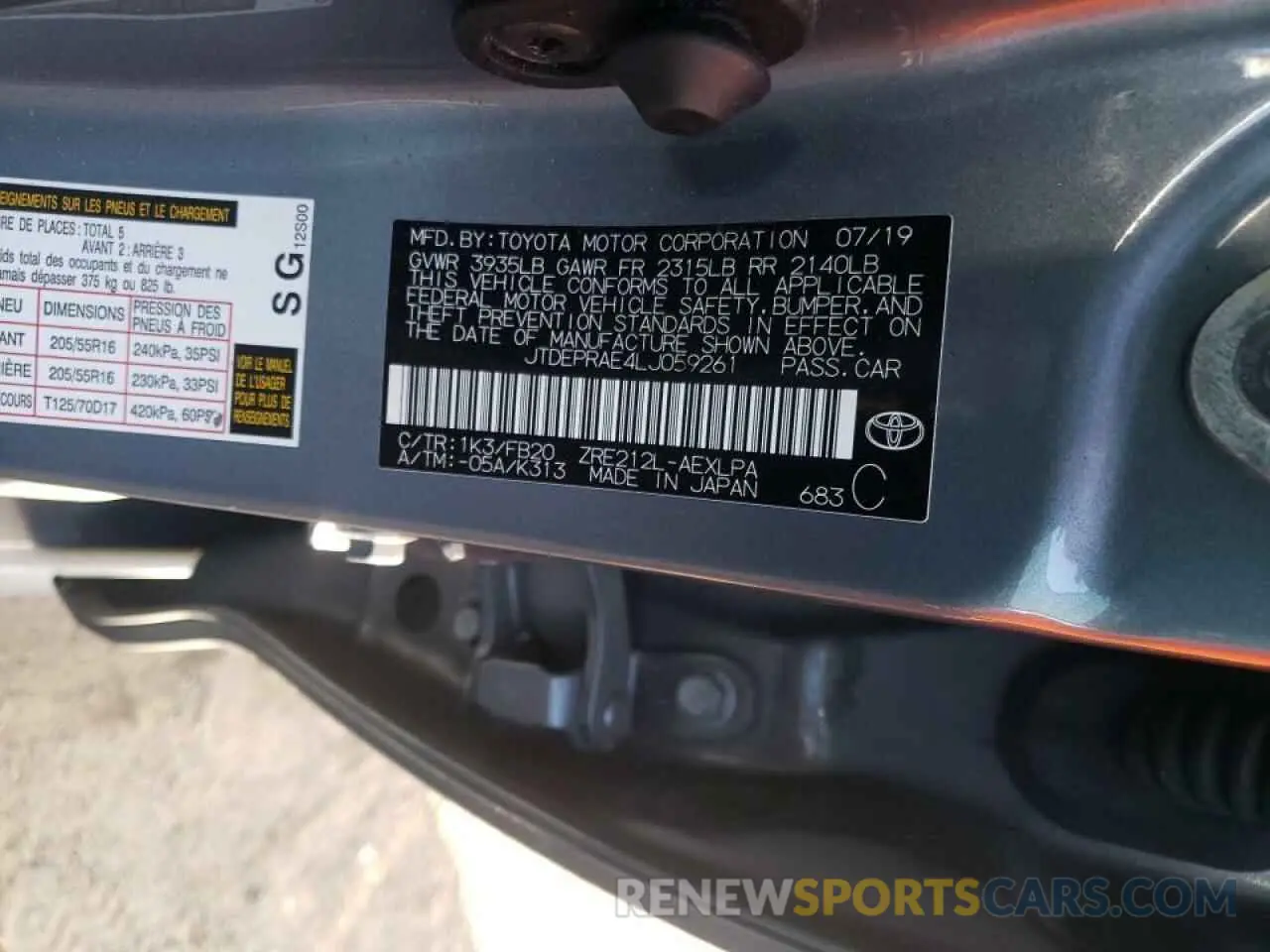 10 fotografías del automóvil dañado JTDEPRAE4LJ059261 TOYOTA COROLLA 2020