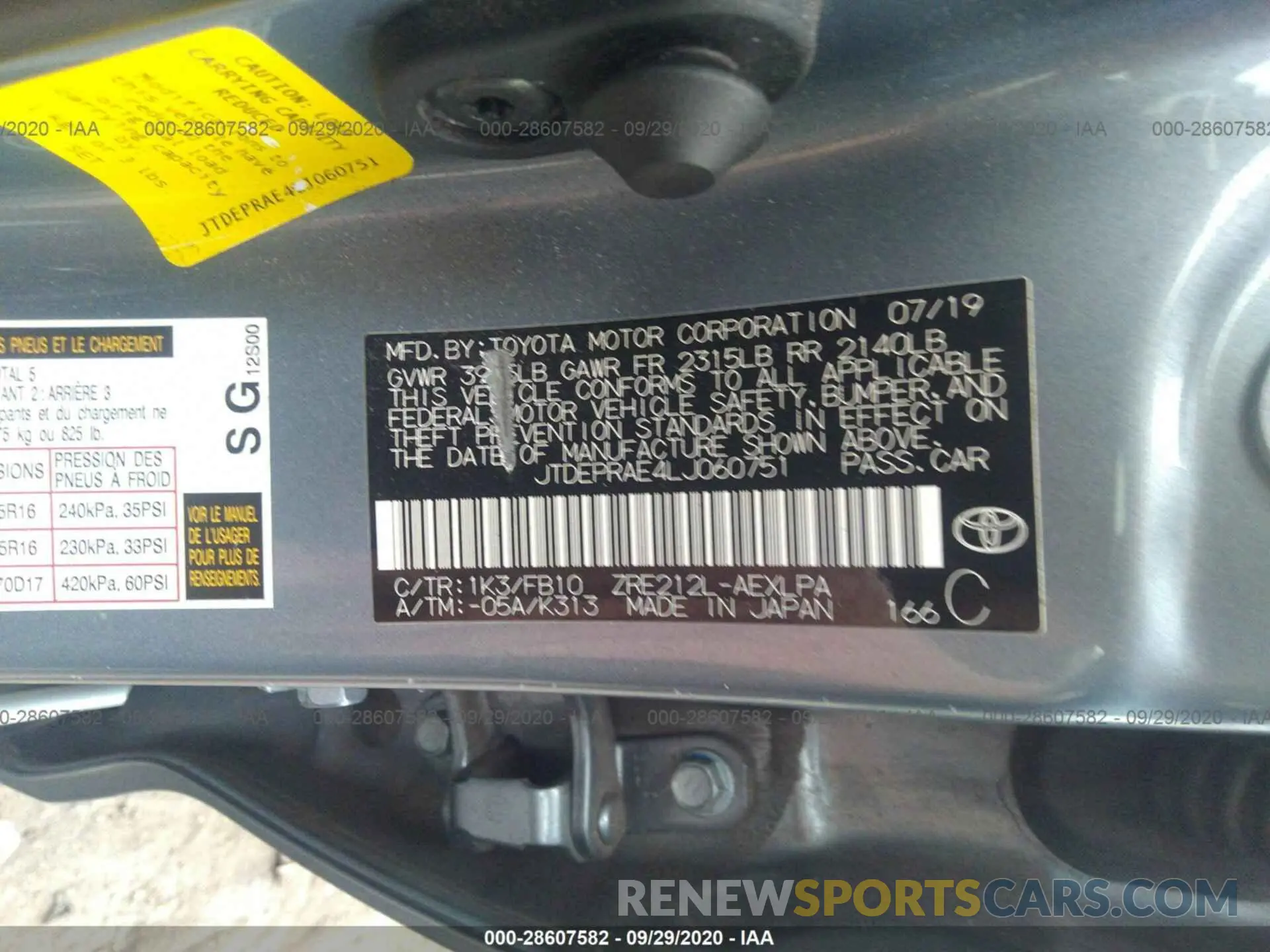 9 fotografías del automóvil dañado JTDEPRAE4LJ060751 TOYOTA COROLLA 2020