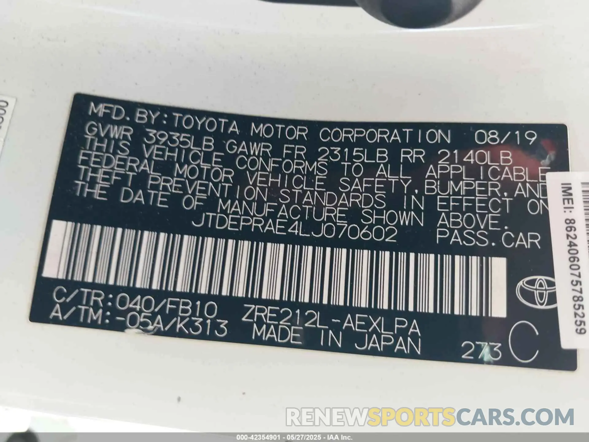 9 fotografías del automóvil dañado JTDEPRAE4LJ070602 TOYOTA COROLLA 2020