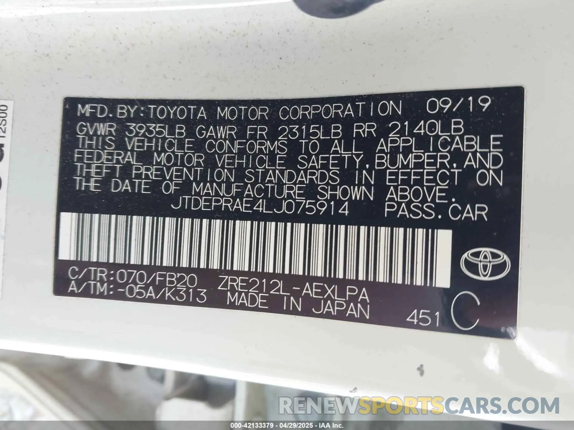 9 fotografías del automóvil dañado JTDEPRAE4LJ075914 TOYOTA COROLLA 2020
