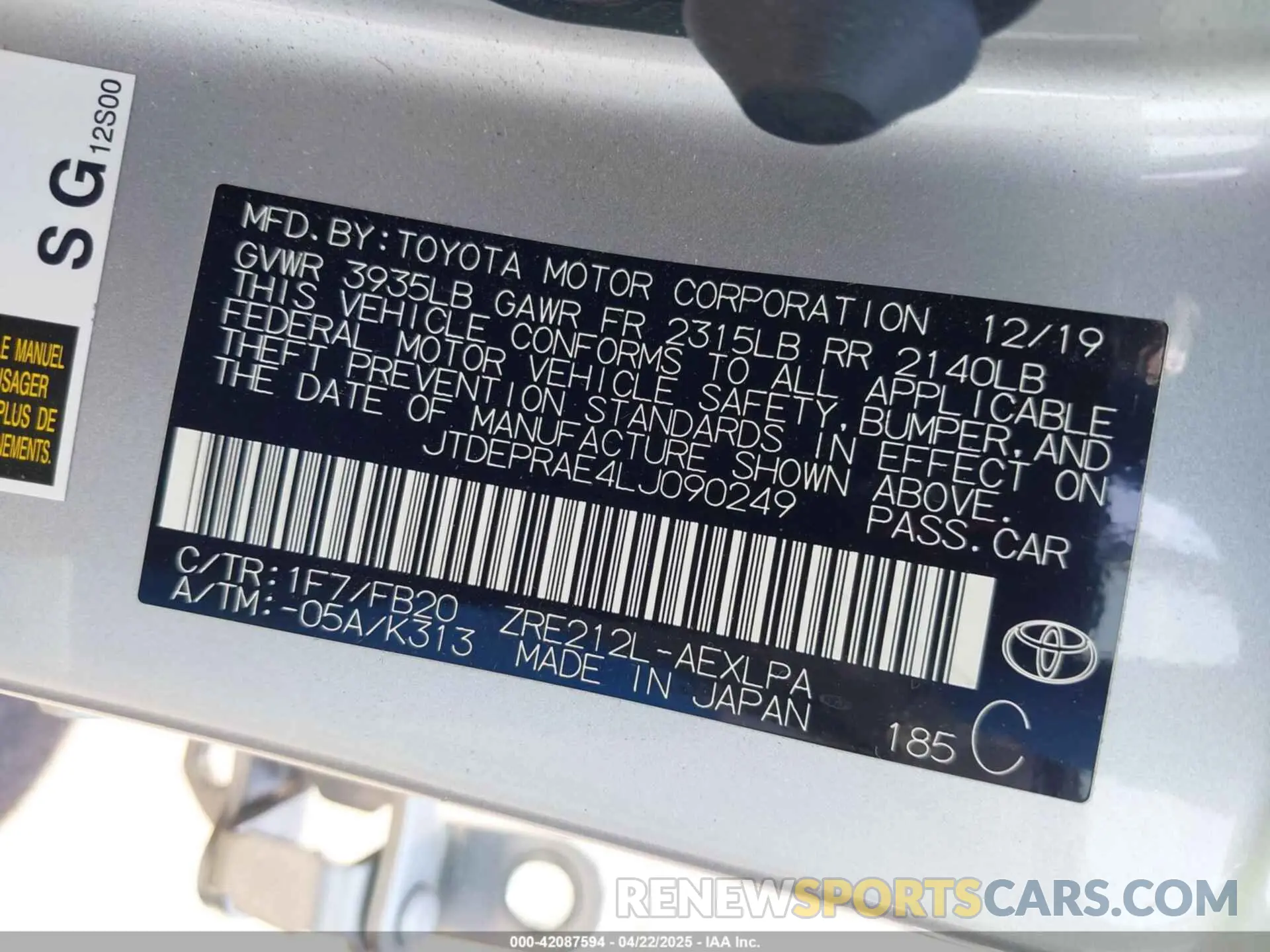 9 fotografías del automóvil dañado JTDEPRAE4LJ090249 TOYOTA COROLLA 2020