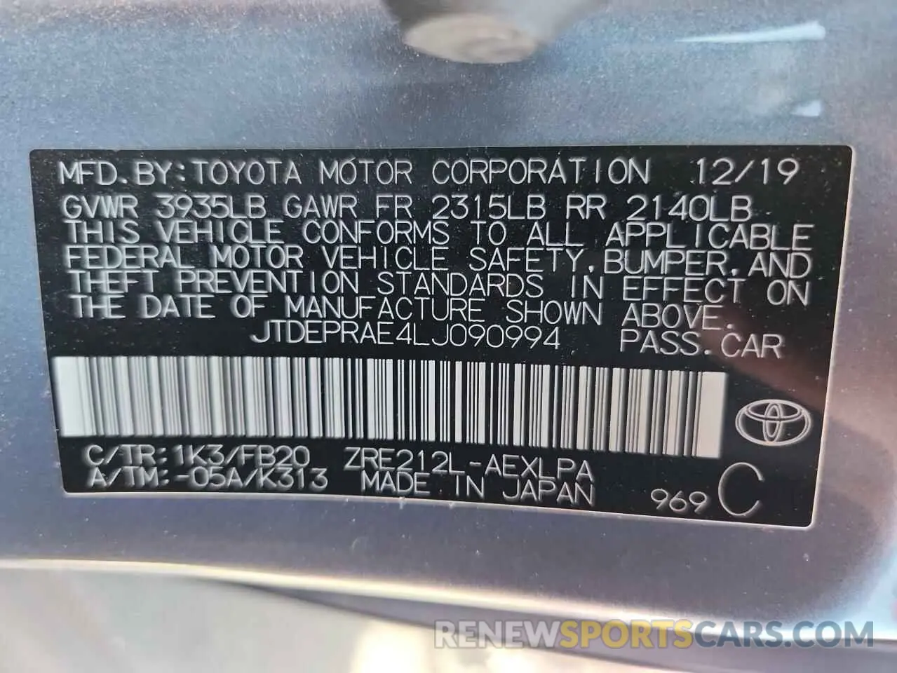 13 fotografías del automóvil dañado JTDEPRAE4LJ090994 TOYOTA COROLLA 2020