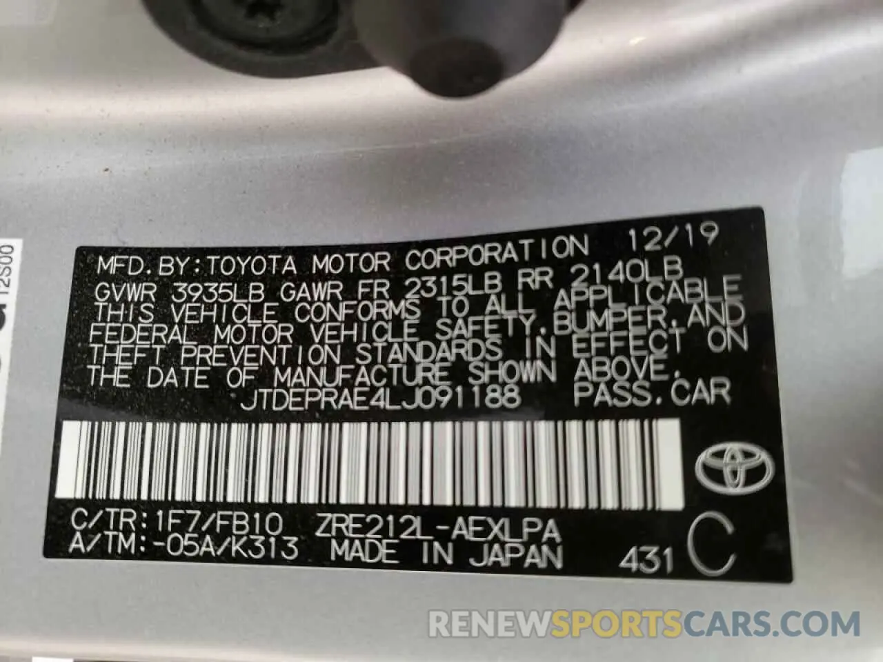 10 fotografías del automóvil dañado JTDEPRAE4LJ091188 TOYOTA COROLLA 2020