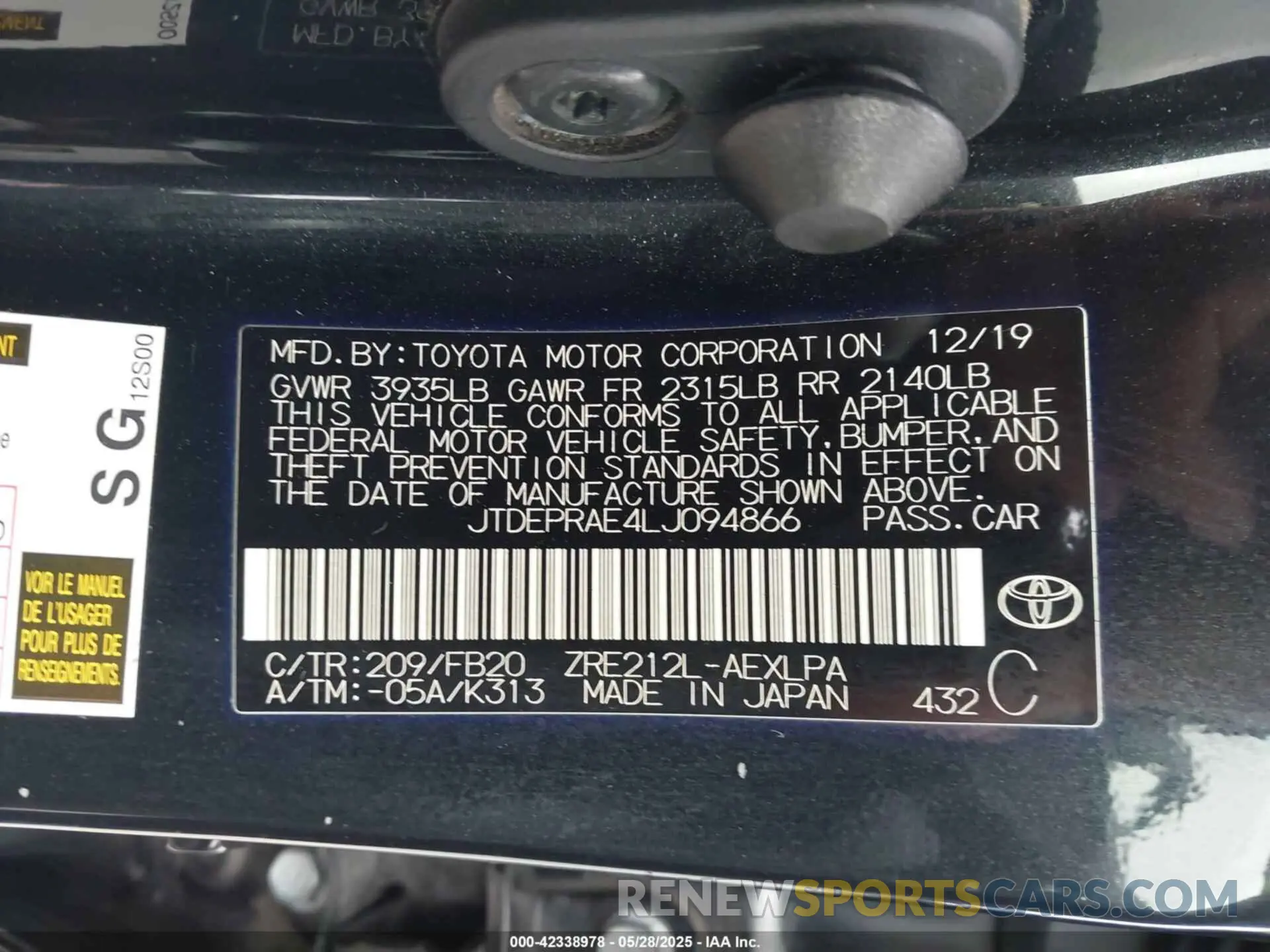 9 fotografías del automóvil dañado JTDEPRAE4LJ094866 TOYOTA COROLLA 2020