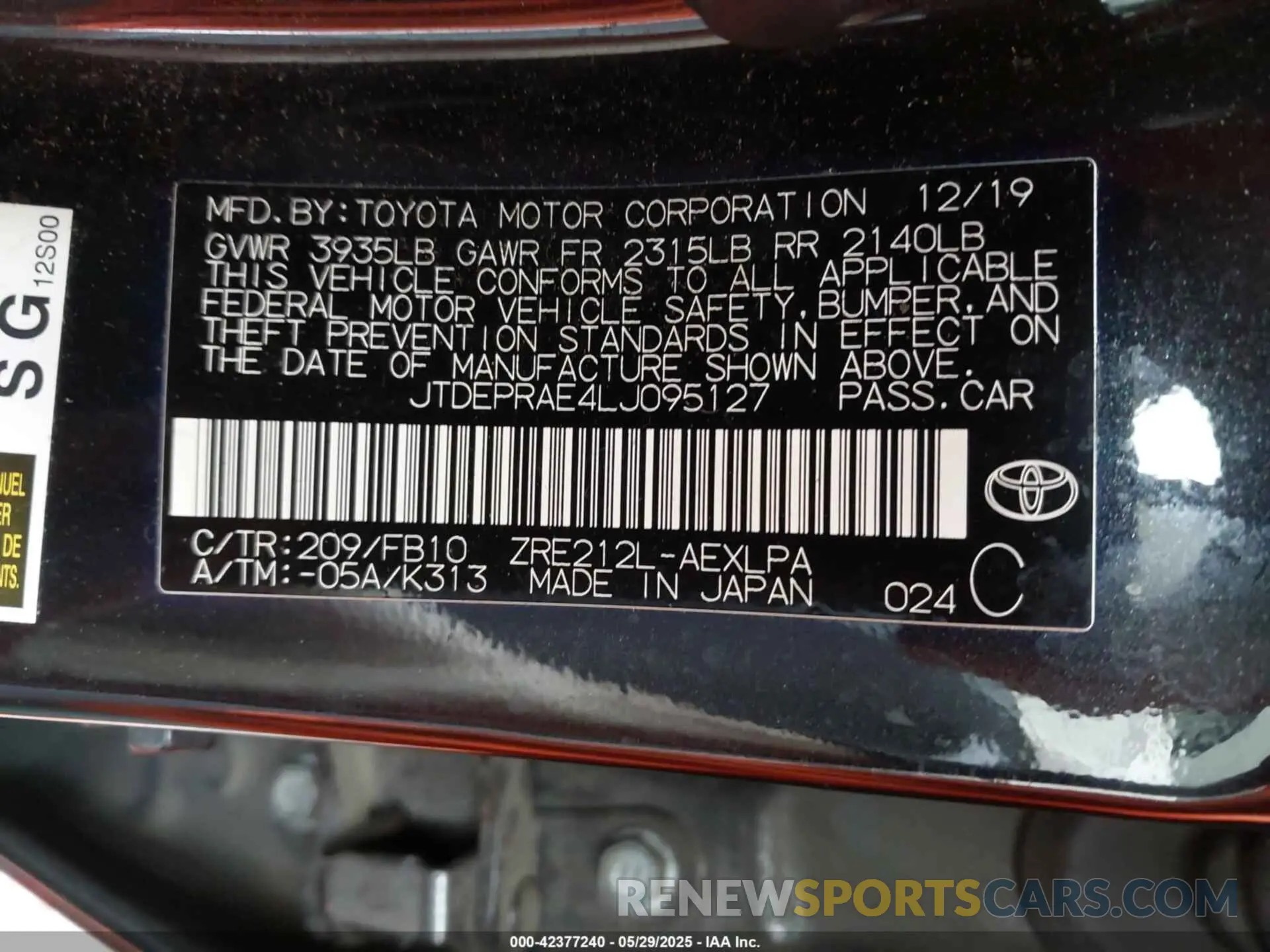 9 fotografías del automóvil dañado JTDEPRAE4LJ095127 TOYOTA COROLLA 2020