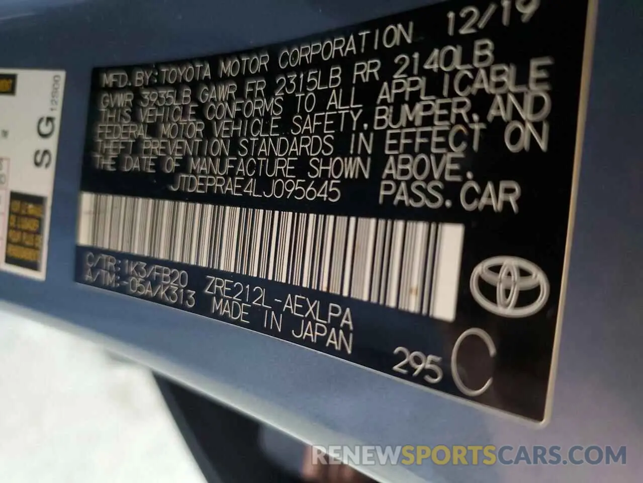 12 fotografías del automóvil dañado JTDEPRAE4LJ095645 TOYOTA COROLLA 2020