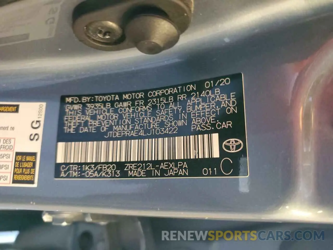 12 fotografías del automóvil dañado JTDEPRAE4LJ103422 TOYOTA COROLLA 2020