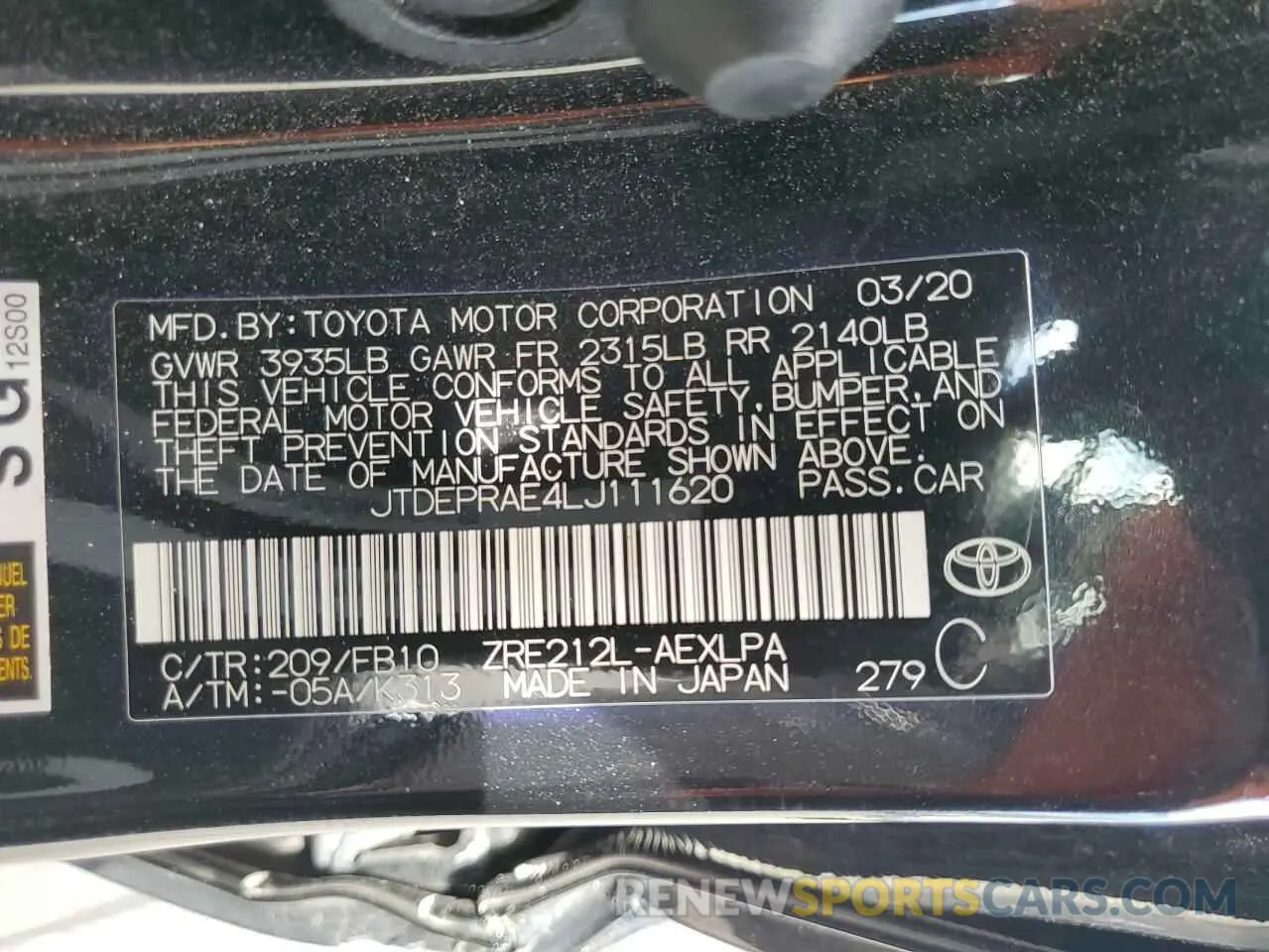 12 fotografías del automóvil dañado JTDEPRAE4LJ111620 TOYOTA COROLLA 2020