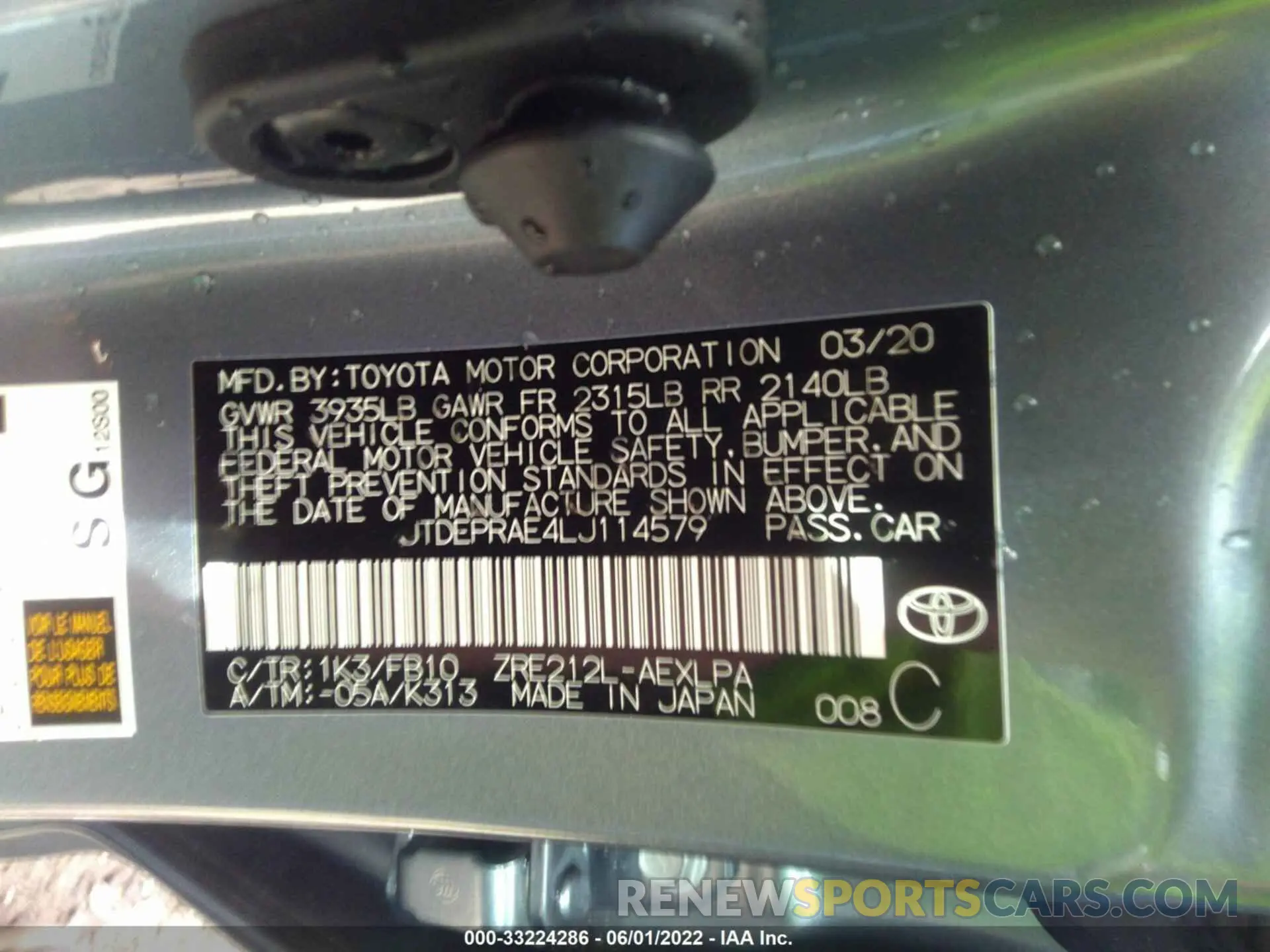 9 fotografías del automóvil dañado JTDEPRAE4LJ114579 TOYOTA COROLLA 2020