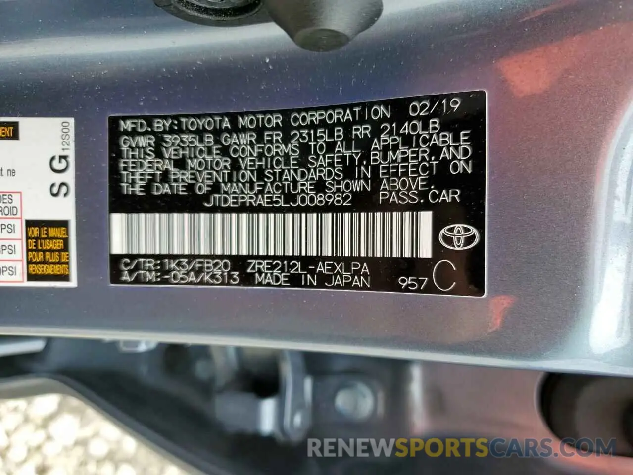 10 fotografías del automóvil dañado JTDEPRAE5LJ008982 TOYOTA COROLLA 2020