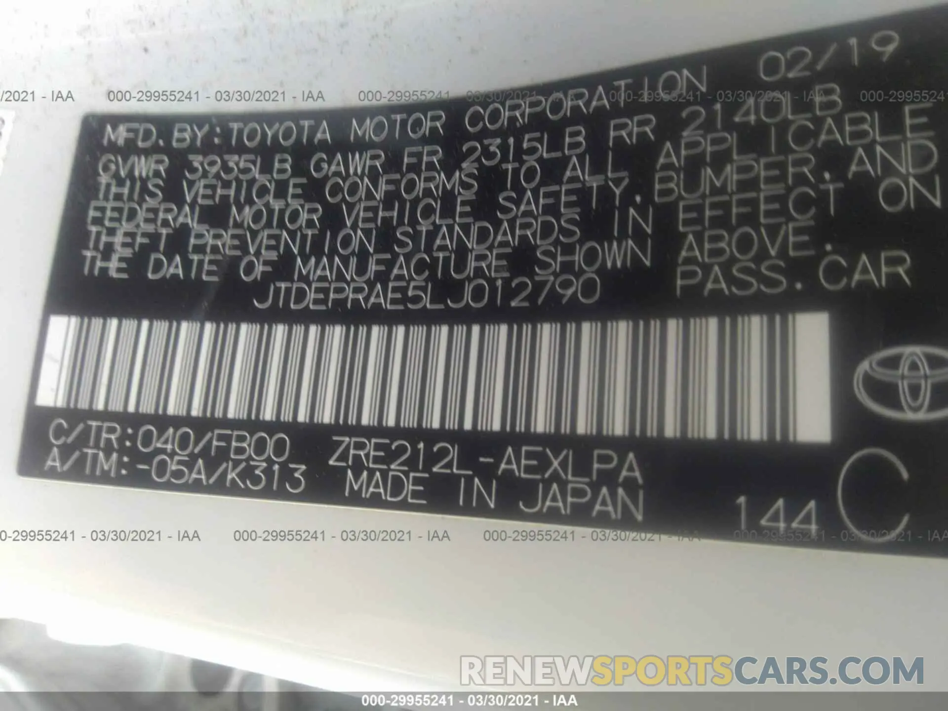 9 fotografías del automóvil dañado JTDEPRAE5LJ012790 TOYOTA COROLLA 2020