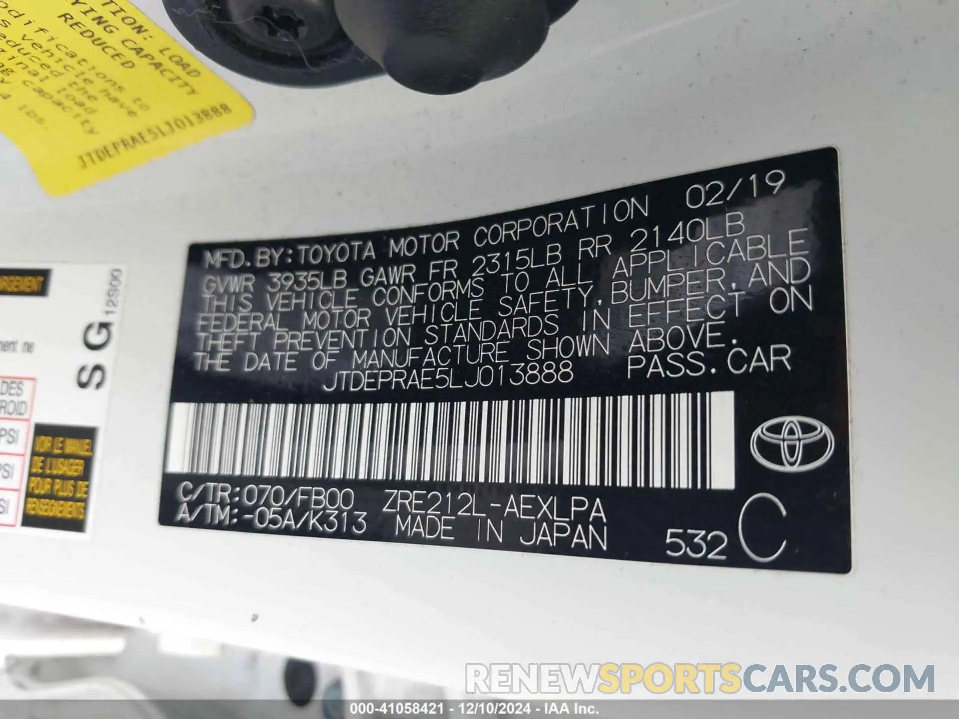 9 fotografías del automóvil dañado JTDEPRAE5LJ013888 TOYOTA COROLLA 2020