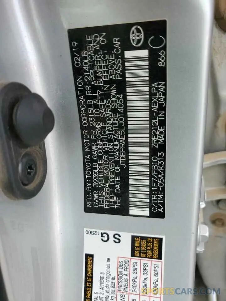 12 fotografías del automóvil dañado JTDEPRAE5LJ014054 TOYOTA COROLLA 2020