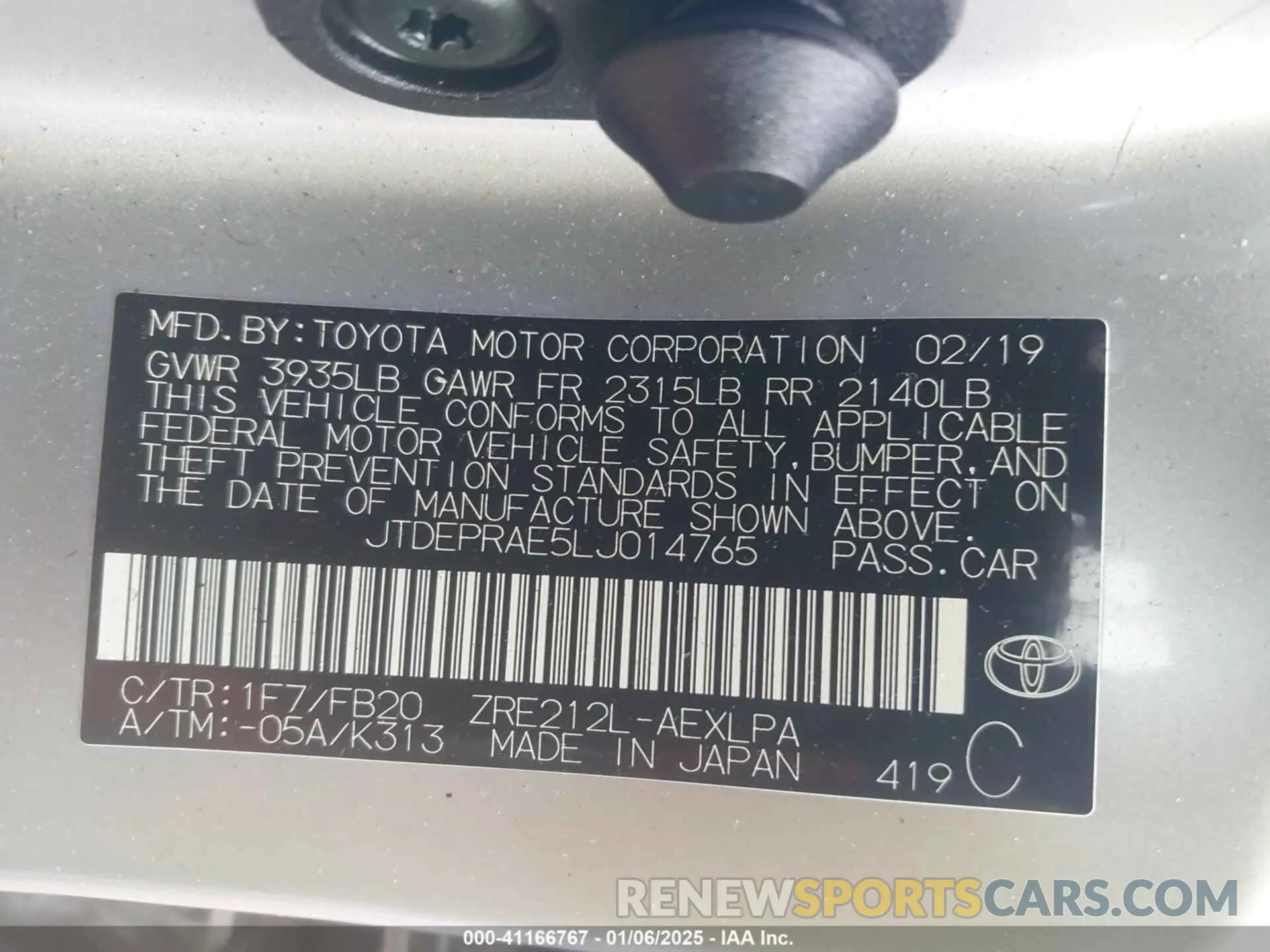 9 fotografías del automóvil dañado JTDEPRAE5LJ014765 TOYOTA COROLLA 2020