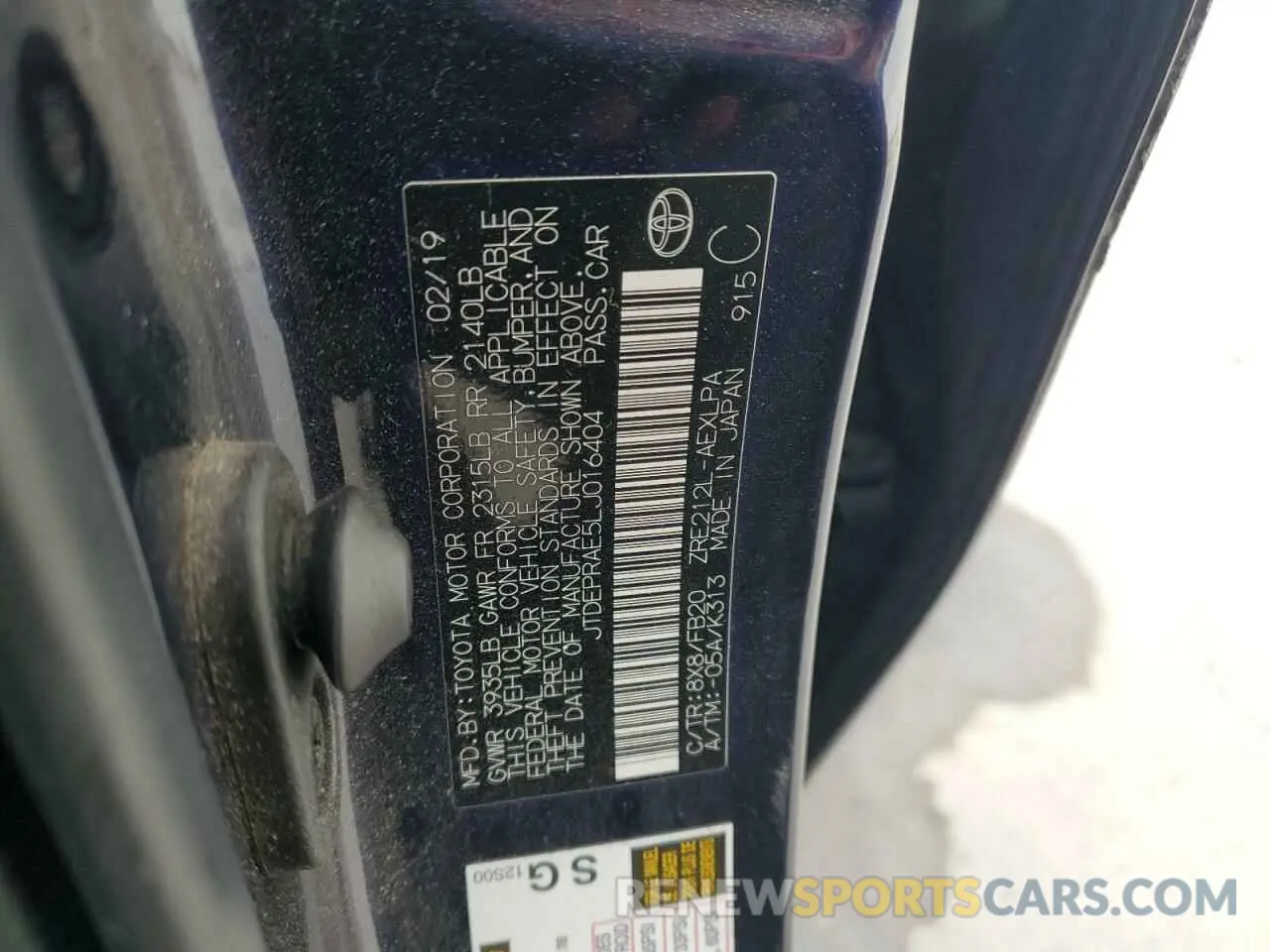 12 fotografías del automóvil dañado JTDEPRAE5LJ016404 TOYOTA COROLLA 2020