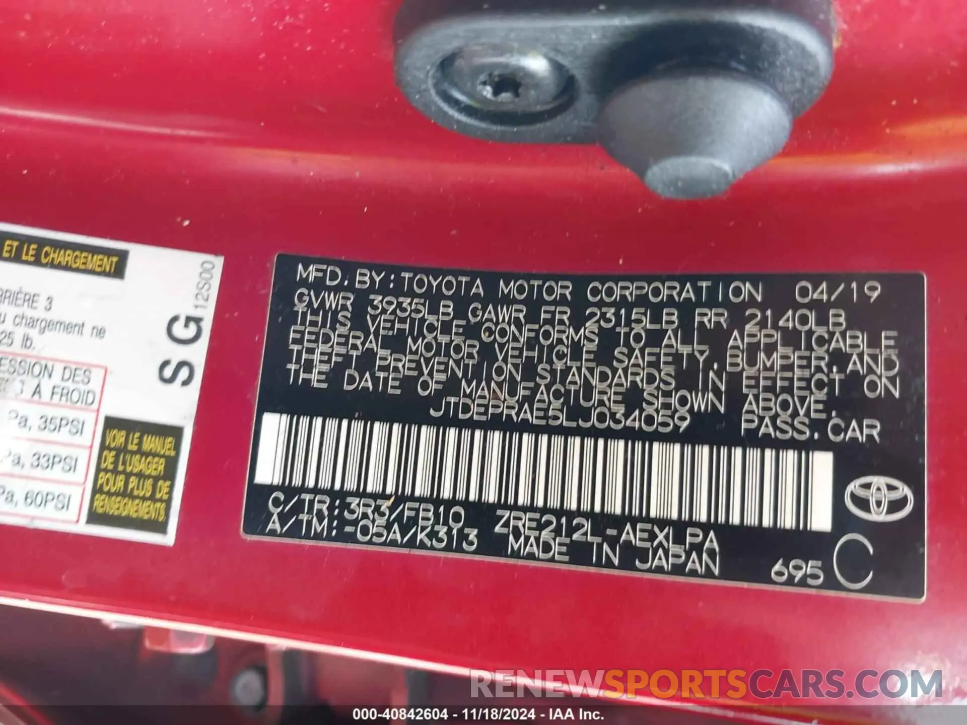9 fotografías del automóvil dañado JTDEPRAE5LJ034059 TOYOTA COROLLA 2020