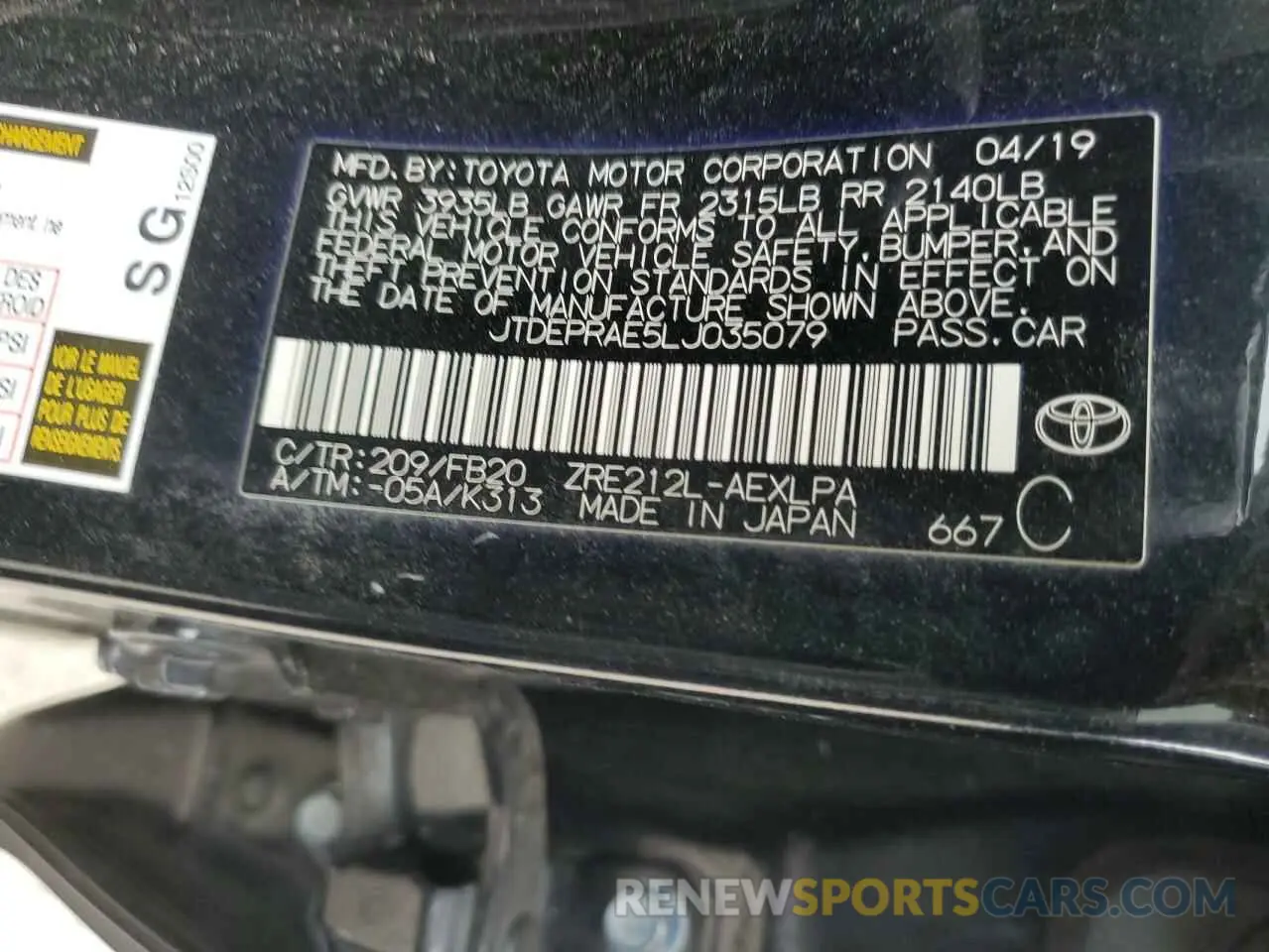 13 fotografías del automóvil dañado JTDEPRAE5LJ035079 TOYOTA COROLLA 2020
