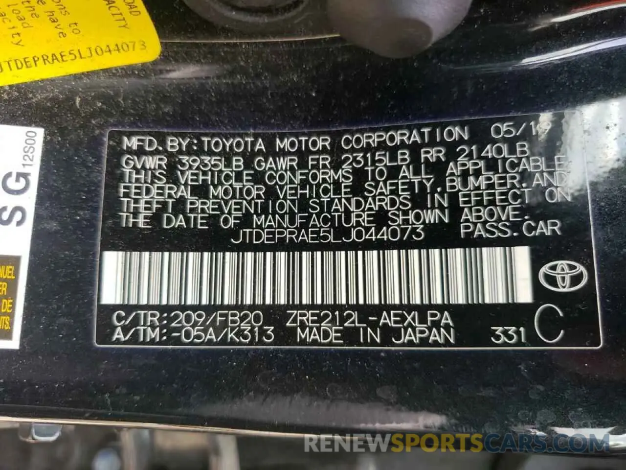 10 fotografías del automóvil dañado JTDEPRAE5LJ044073 TOYOTA COROLLA 2020