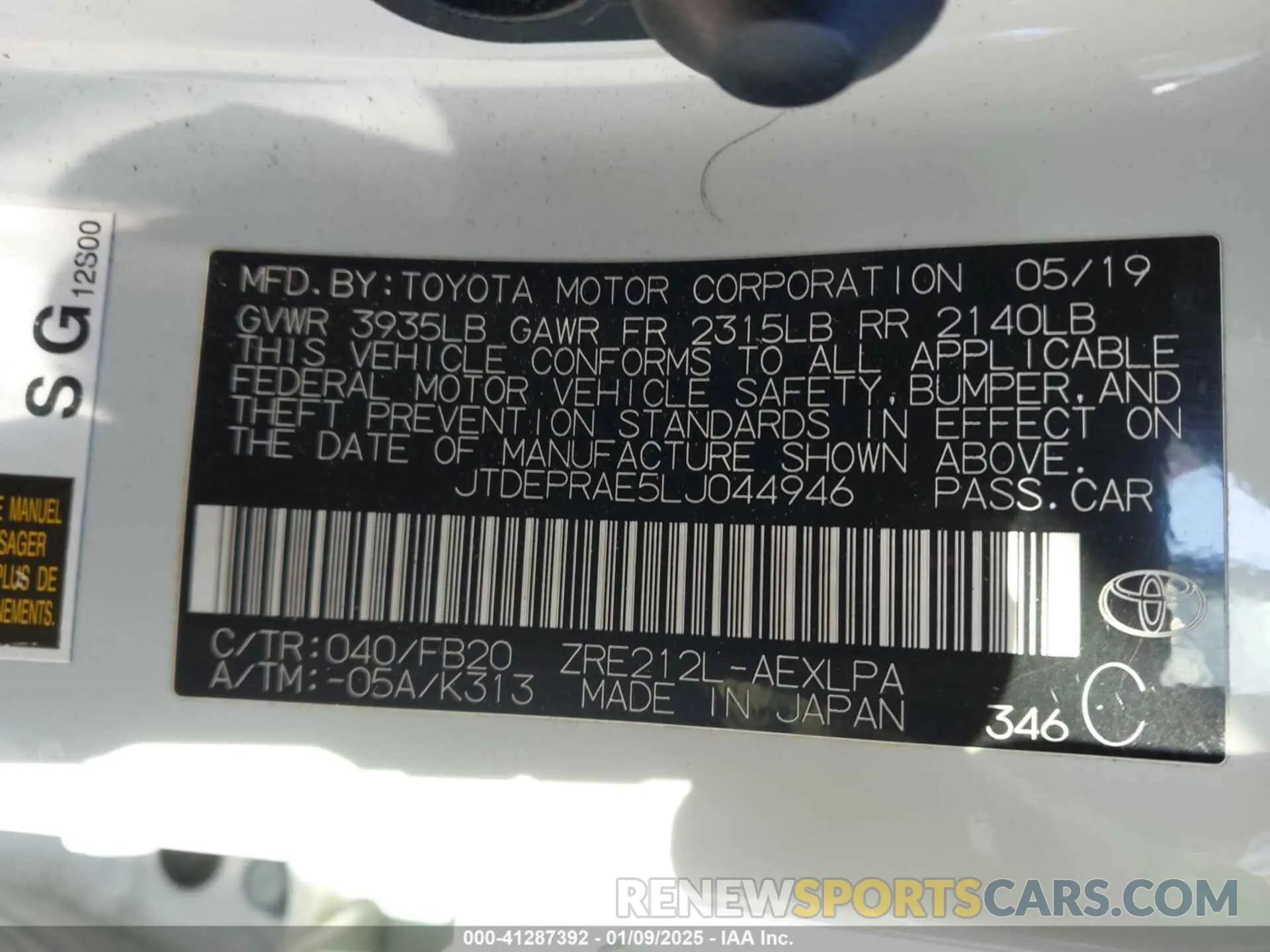 9 fotografías del automóvil dañado JTDEPRAE5LJ044946 TOYOTA COROLLA 2020